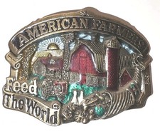 Vintage 1984 Great American Farmers Feed the World Belt Buckle Brass Enamel NOS