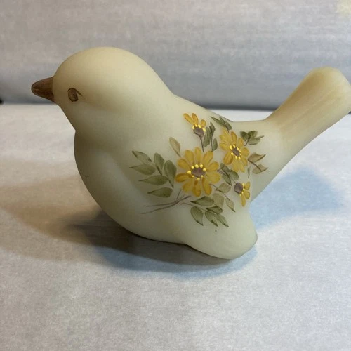Fenton Cream Custard Satin Glass Bird Hand Painted Floral Signed Figure Vintage