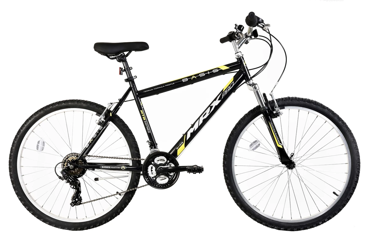 Basis Mountain Bike MRX Pro Adult 26 Wheel MTB 18 Speed Bicycle Black  Yellow