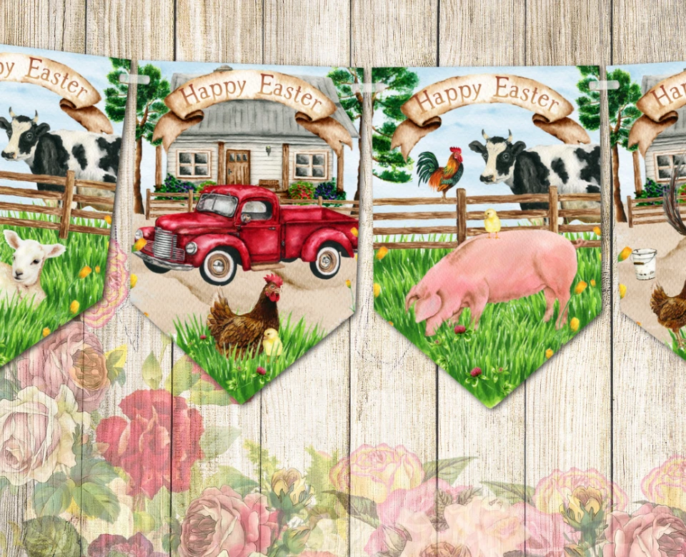Счастливой пасхи домашней птицей и животными, флаги и ленты украшения - Изображение 3 из 4