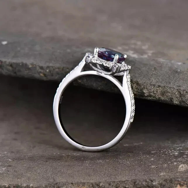 Anel de presente de ouro branco sólido 14k pedra preciosa alexandrita mudança de cor natural 2.CT - Imagem 3 de 4