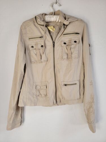 Da Nang Women's Utility Jacket Medium Khaki Floral Embroidery Sleeve Hooded