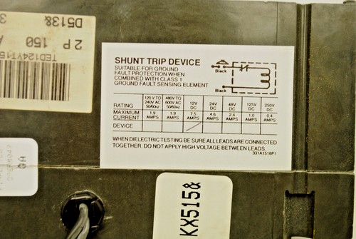 GE TED124YT150 Molded Case Switch W/12VDC Shunt Trip 2-Pole 150Amp 480VAC 250VDC - Picture 4 of 6
