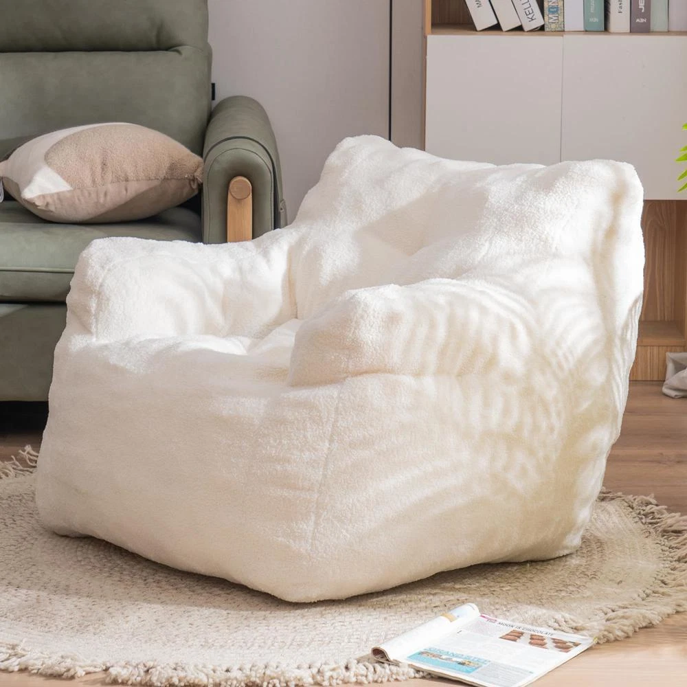 Morden High Quality Soft Tufted Foam Bean Bag Chair with Teddy Fabric White