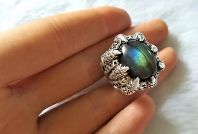 925 Sterlingsilber Klauen Schädel Ring Original Labradorite Natürlich Edelstein - Bild 1 von 4