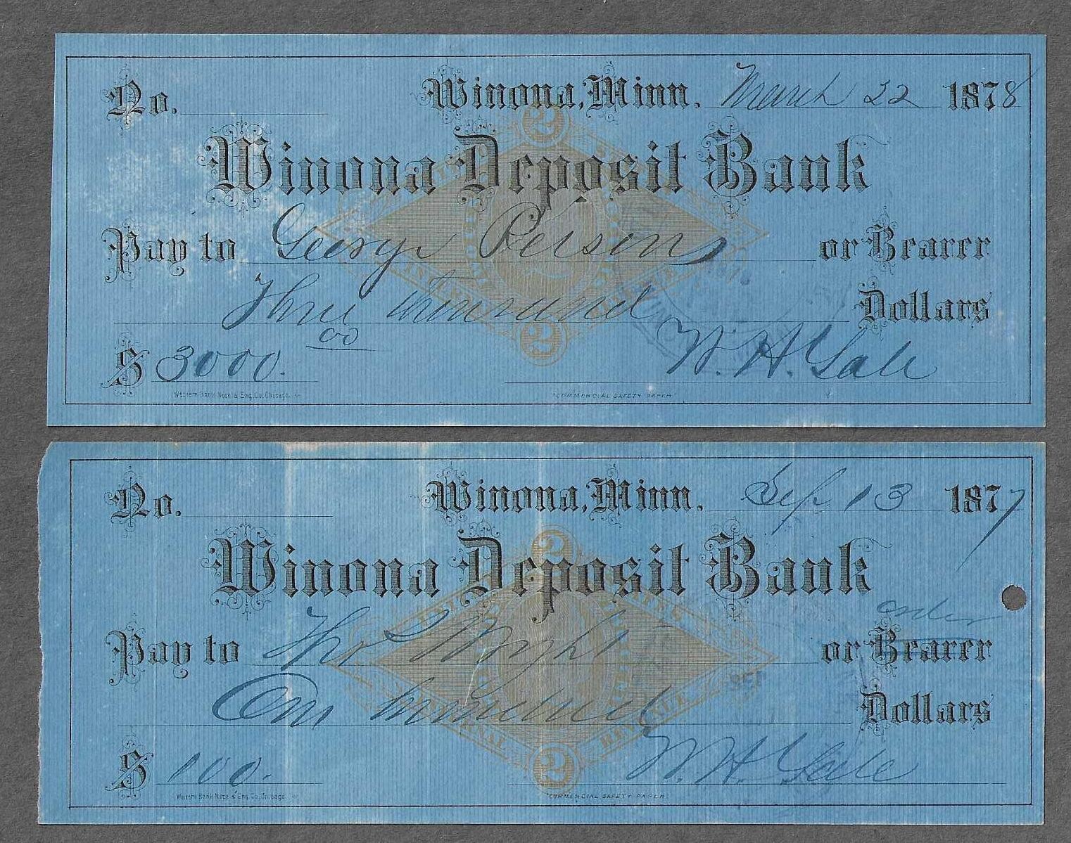 2 Winona Minnesota Bank Checks RNG1 18771878 eBay