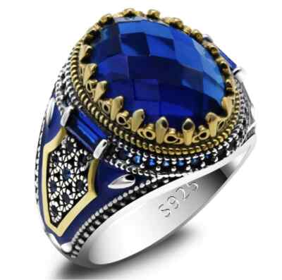 Anello Uomo in Argento 925 Massiccio con Pietra Blu Placcato Oro
