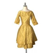 Lorrie Deb Vintage Party Cocktail Dress Size Small Yellow Satin Full Skirt LGWU
