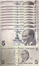 Turkey 5 Lira 2009 P 222 Mixed Prefix & Year UNC LOT 10 PCS 1/10 BUNDLE