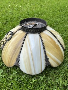 VINTAGE  CARAMEL SLAG GLASS SHADE HANGING CEILING LAMP FIXTURE 8 PANEL