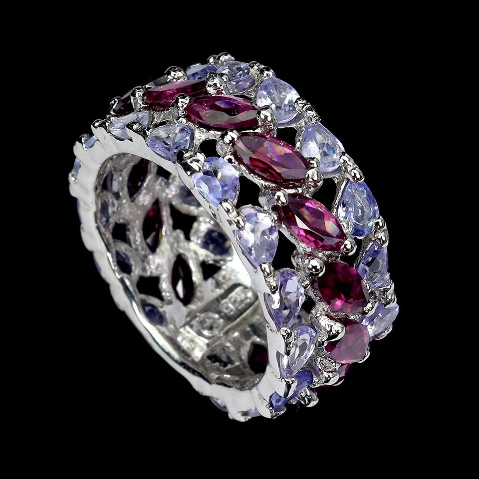 Anillo de plata de ley 925 marquesa granate tanzanita piedras preciosas joyería talla 8,5 Foto 3 de 4