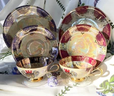 Pair Vintage Porcelain Vienna Trio Teacup Saucer Plate Gold Lace Cobalt Burgundy