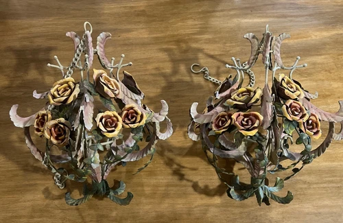 2-French Tole Painted Roses Metal Votive Candle Hanging Chandelier Chippy Shabby