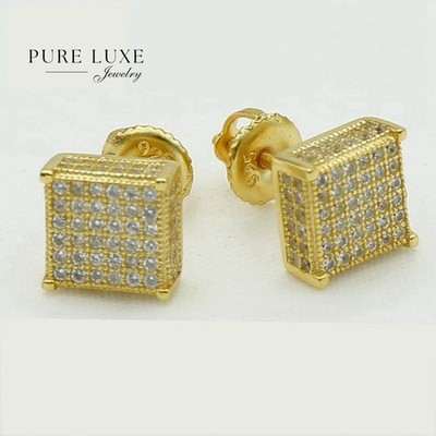 Men's Sterling Silver 925 Cubic Zirconia 8mm Gold plated Square*Earring.Box