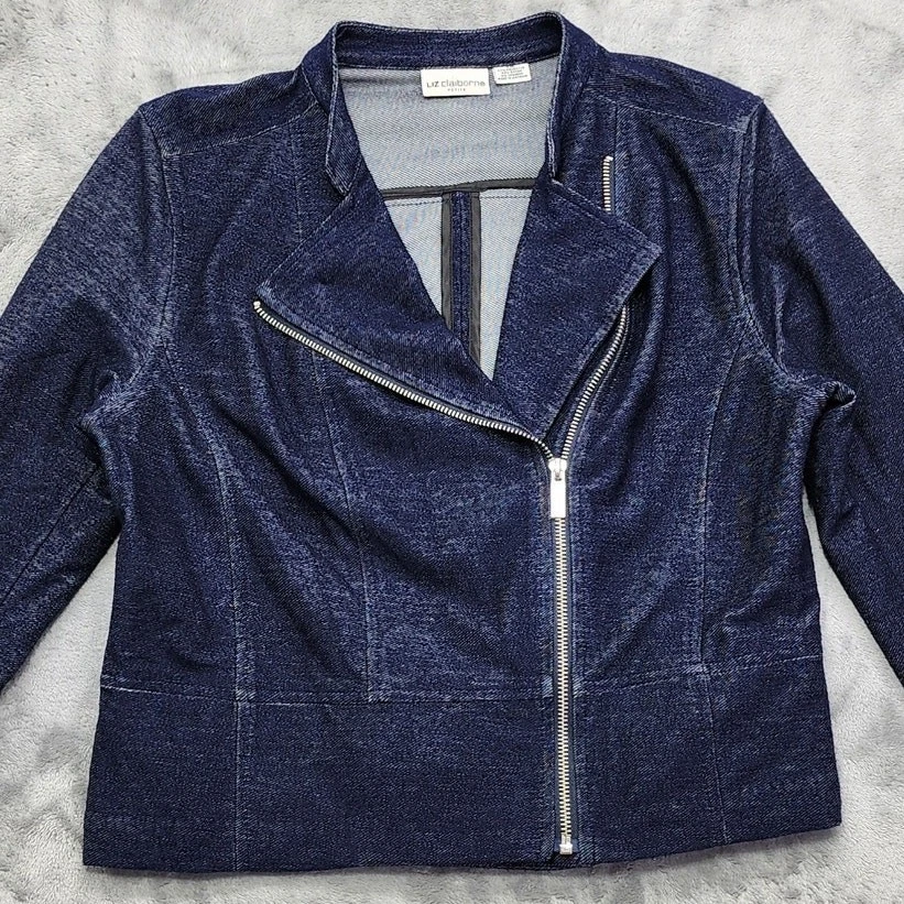 Liz Claiborne Jacket Womens Blue Denim Look Stretch Knit Asymmetrical Zip Moto - Image 2 of 4