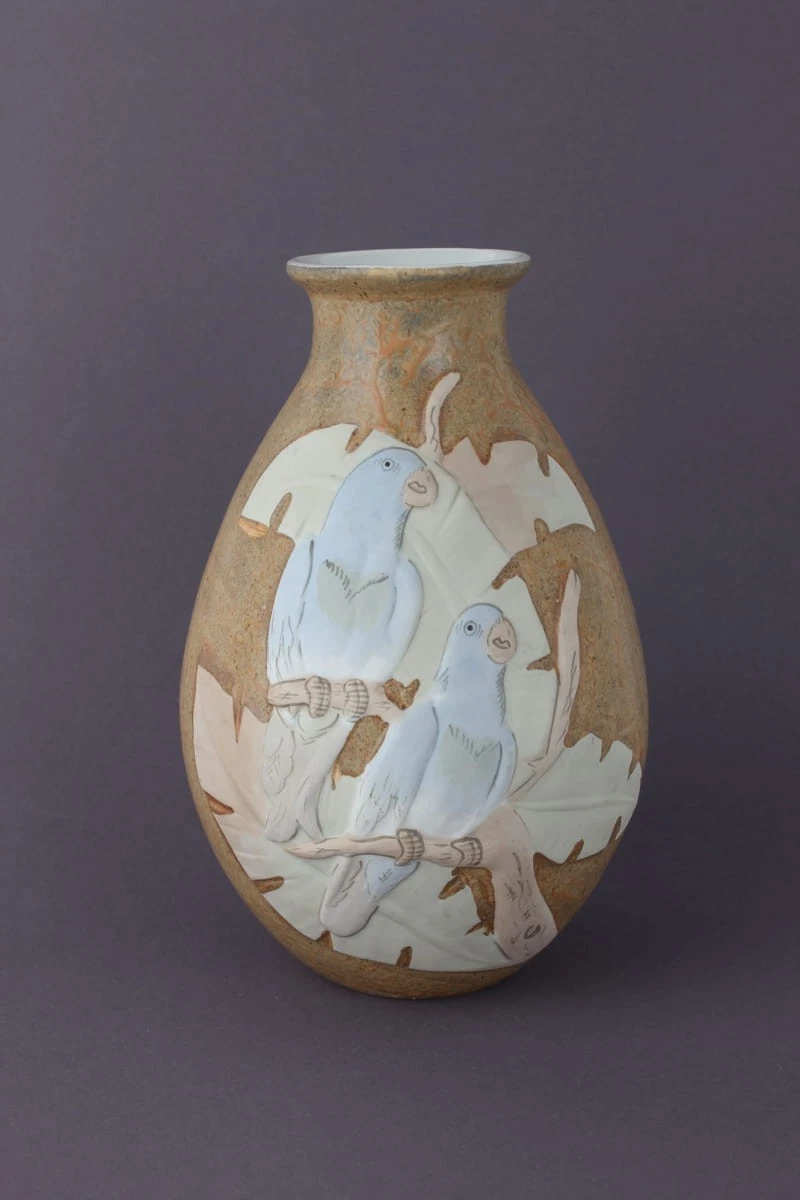 Miquel Requena Valencia Porcelain Vase with Plastic Parrots