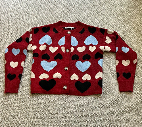 English Factory Women's Heart Print Knit Cardigan Sweater Button-Up Size S