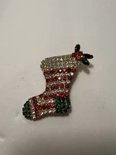 Vintage Rhinestone Christmas Stocking With Holly Brooch Pin Excellent Condition
