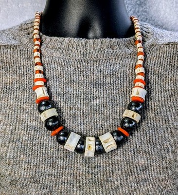 26in Big Tribal Fishbone Necklace Coral, Orange Krobo & Seed Pods, Gunmetal Gray