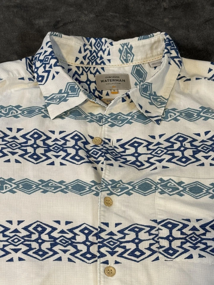 Camisa Quiksilver Waterman Para Hombre Grande Azul Blanco Manga Corta Azteca Ajuste Cómodo Foto 2 de 4