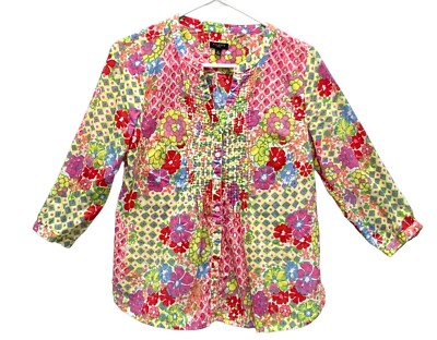 Talbots Multi-Color Floral 3/4 Sleeve Blouse Top Pleated Womens Petite Small