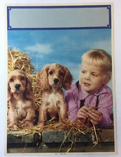 1950's lithograph poster/print~CHILD WITH PUPPIES~12x16.5
