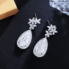 Silver Plated Flower Cubic Zirconia Teardrop Long Drop Earrings Wedding Jewelry
