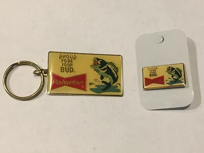 NEW BRASS VINTAGE BUDWEISER BEER PROUD TO BE YOUR BUD KEY CHAIN & HAT PIN 