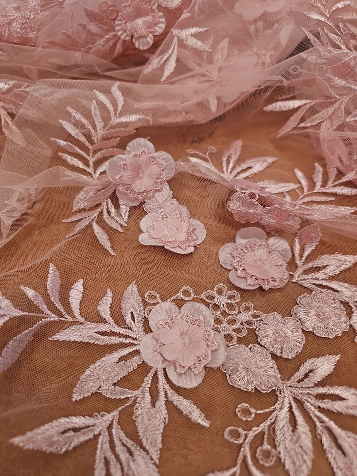 1. 1/2 yd Pink Lace Scallop Floral Applique Fabric Special Occasion - Image 2 of 4