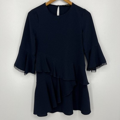 Zara Basic Shift Dress Women's XS Navy Blue Round Neck 3/4 Bell Sleeve