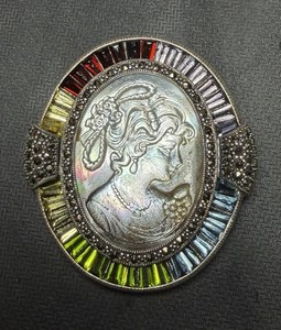 Vintage 925 Sterling Silver Cameo Brooch Pendant MOP Marcasite 37g