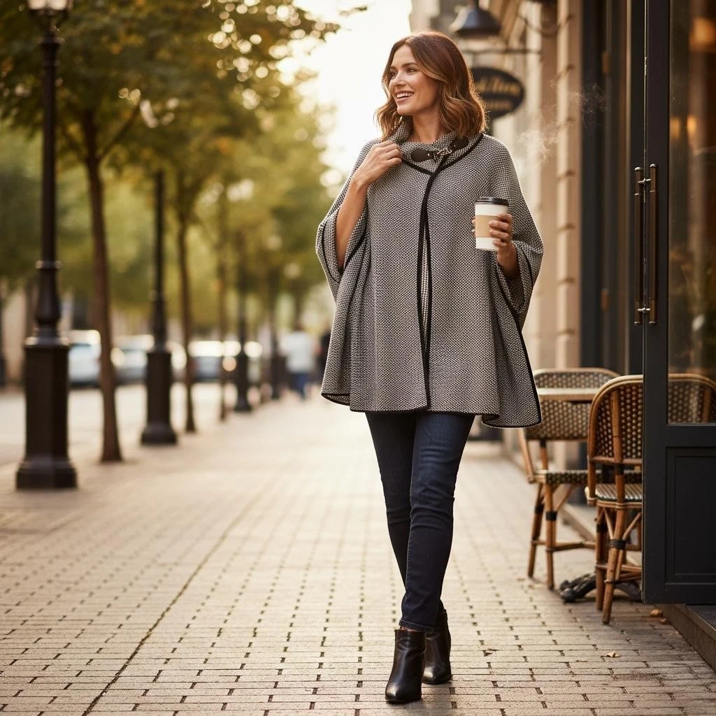 Do everything in Love Poncho Womens One Size Black White Knit Toggle Cape Collar
Opens in a new wind