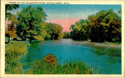 #ad Tichnor Quality Views Postcard Kalamazoo River Battle Creek Michigan Unposted $4.95