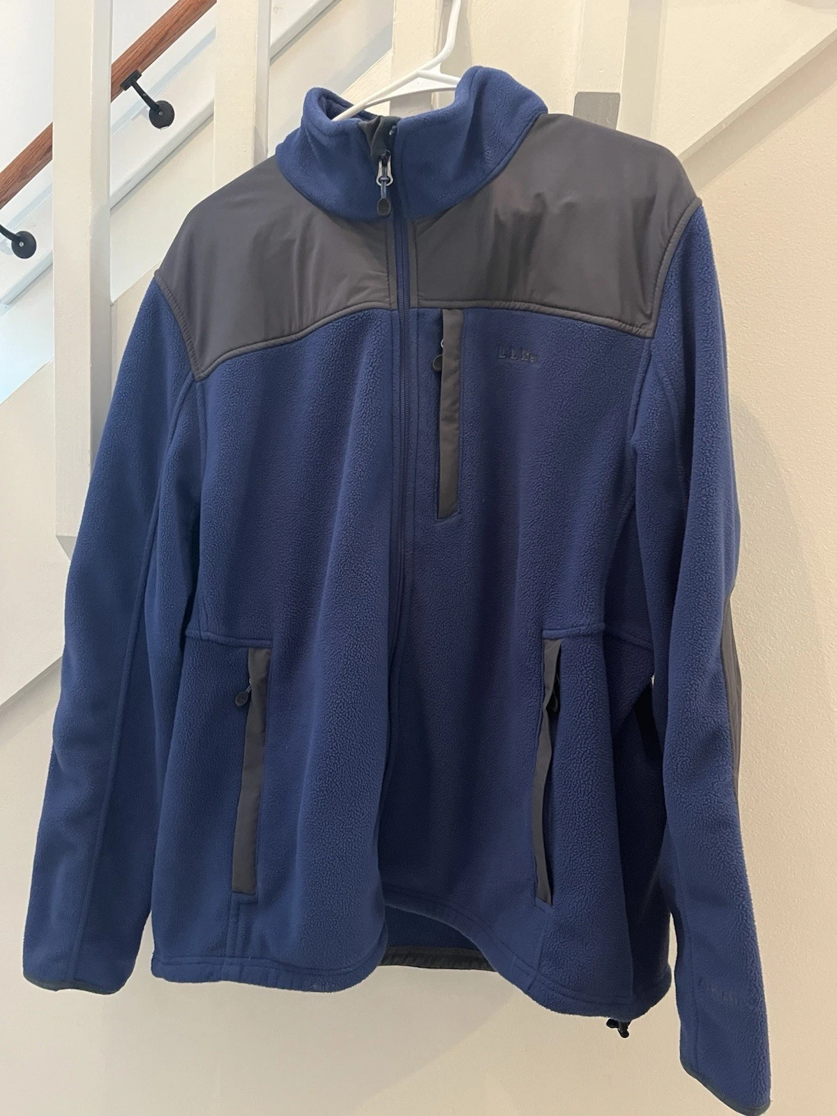 LL Bean Jacket Mens X-Large Full Zip Mock Neck Fleece Navy/Gray Pockets Polartec