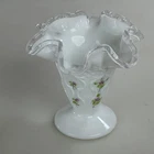 Fenton Milk Glass Violets In The Snow Spanish Lace Silver Crest Ruffled Vase 4"