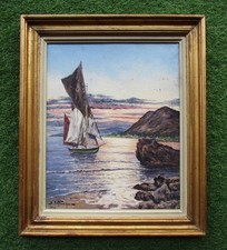 Ancien très beau tableau signé 1958 coucher de soleil sur la mer marine Espagne.