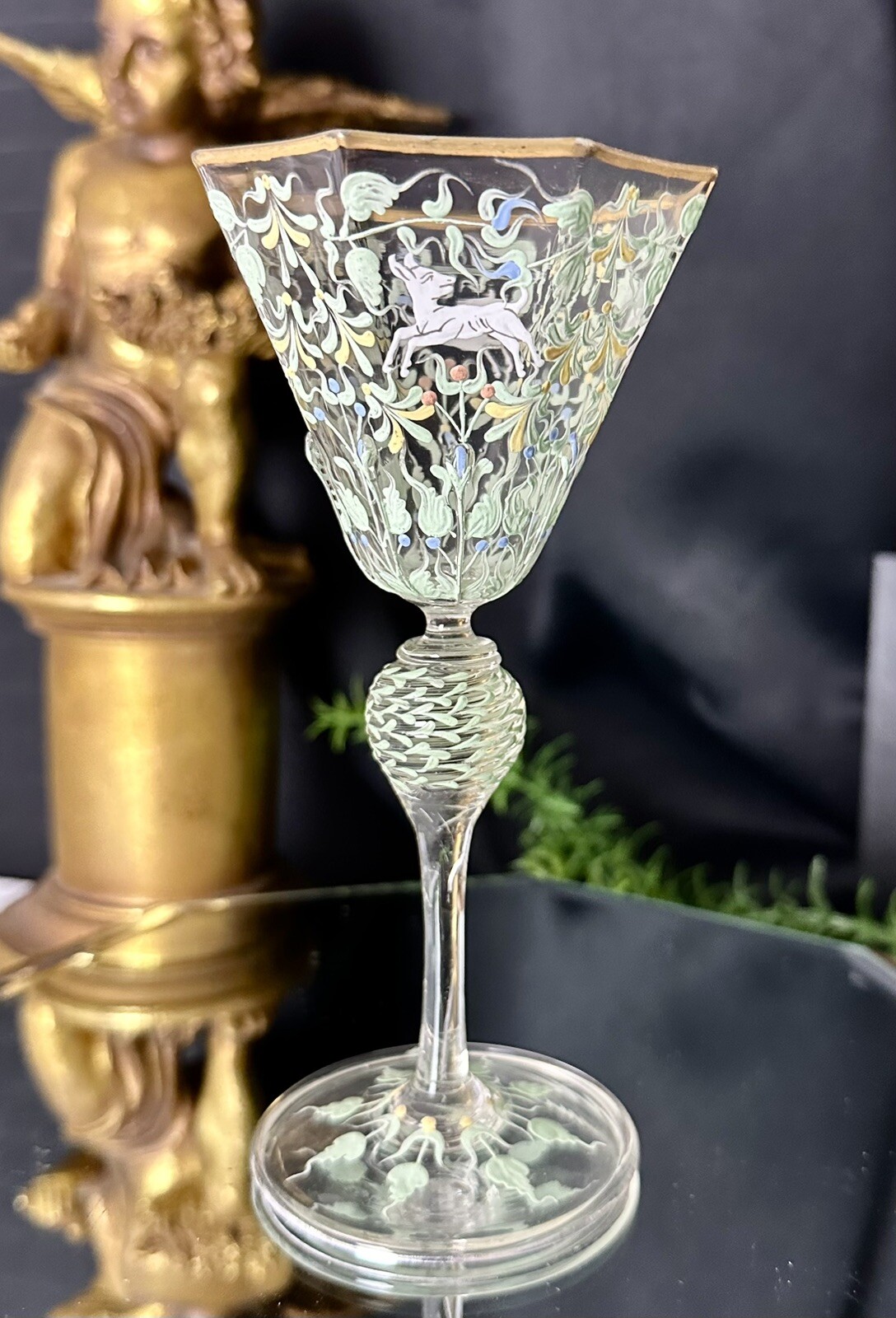 Moser Salvati Canine & Foliate Wine Glass Enameled c1900's Antique Gold Trimmed