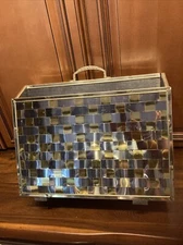 Vintage Brass Woven Metal & Wood Magazine Rack Gold Brass & Silver Chrome MCM