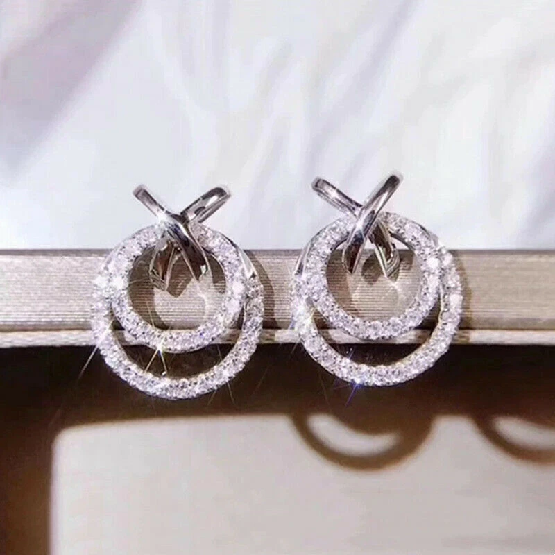 925 Silver 1.10CT Round Cut CZ Circles Dangle Unique Earrings 14K White Gold FN - Image 3 of 4