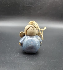 Rustic Earthenware Pottery Blue Glazed Angel Christmas Ornament Figurine GUC