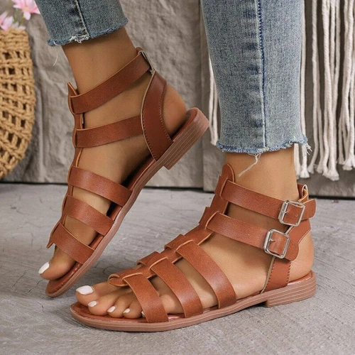 Women Casual Sandals Flats Heels Gladiator Holiday Zip Buckle Roman Walks Shoes - Picture 5 of 16