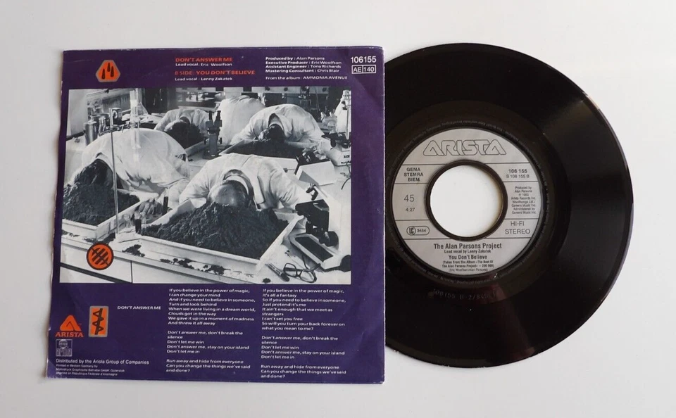 RARE 45 TOURS THE ALAN PARSONS PROJECT DON'T ANSWER ME PRESSAGE ALLEMAGNE - Photo 2/2