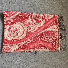 Floral Scarf Red Cream Viscose Fringe Shawl Wrap 66 x 27