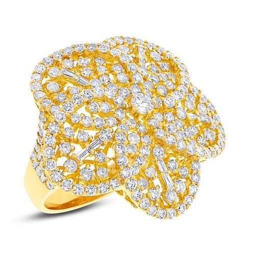 18K Oro Giallo Diamante Fiore Anello Naturale 4.17 Ctw Rotondo Baguette Taglio - Foto 2 di 3