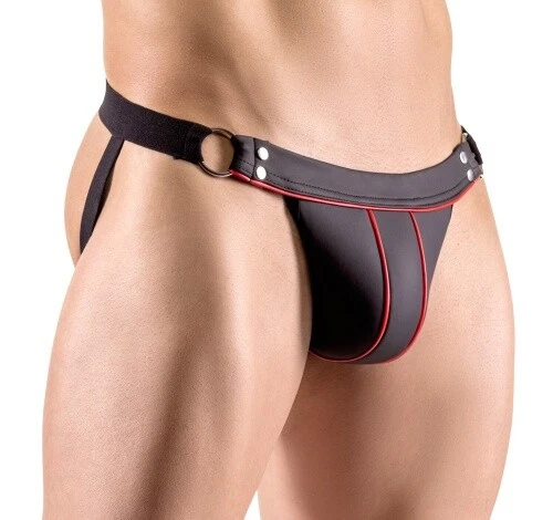 Sexy Pofreier Jock String in Neopren-Optik Erotik Männer String Dessous Schwarz - Bild 2 von 4