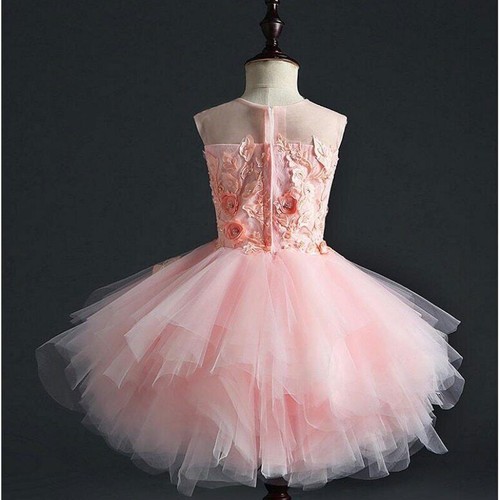 Girl Wedding Party Flower Dresses Pink Tulle Trailing Princess Gown Beaded Gown - Picture 6 of 21