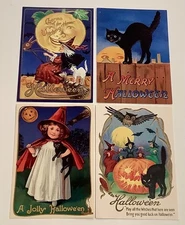 Lot 4 Retro Merck Family Halloween Postcards Black Cats Witches    3C