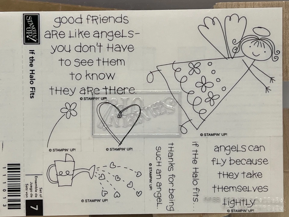 Juego de sellos Stampin Up IF THE HALO FITS con ángel, corazón, flor, regadera, NUEVO Foto 2 de 4