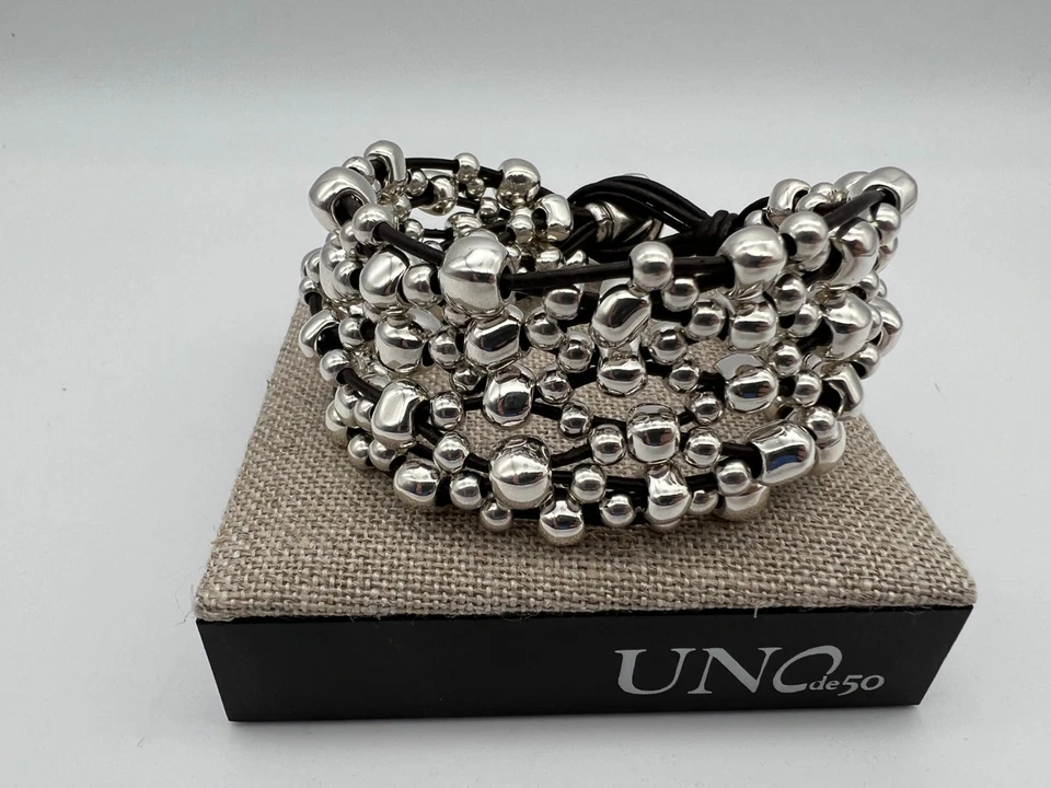 NOVO Uno de 50 CRAZY GOAT Pulseira de Couro Banhada a Prata Tamanho Grande - Imagem 3 de 4