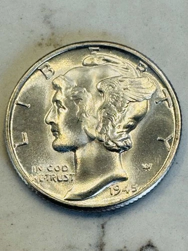 1945-P Mercury Dime MS-UNC 90% Brilliant Silver US Coin -Free shipping !!